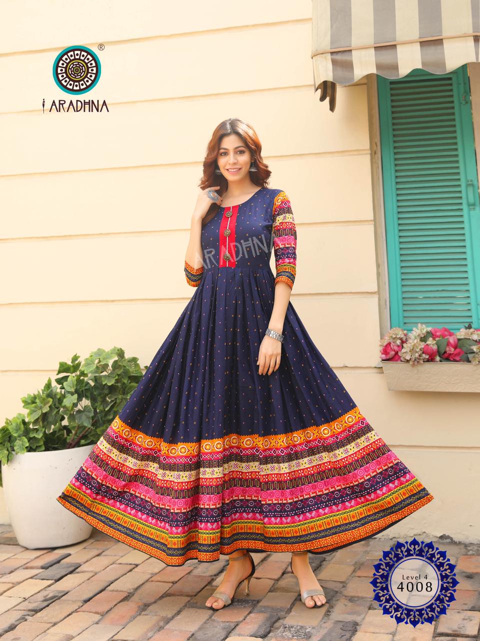 Aradhana Level 4 Latest Fancy  Printed Style Long Casual Wear Anarakali  Flair Pure Cotton Designer Kurti  Collection 

